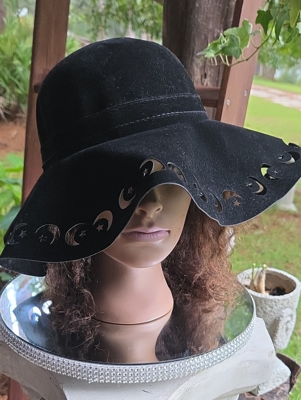 Spirit Black Faux Suede Floppy Brim Hat With Celestial Moon And Star Cutouts
